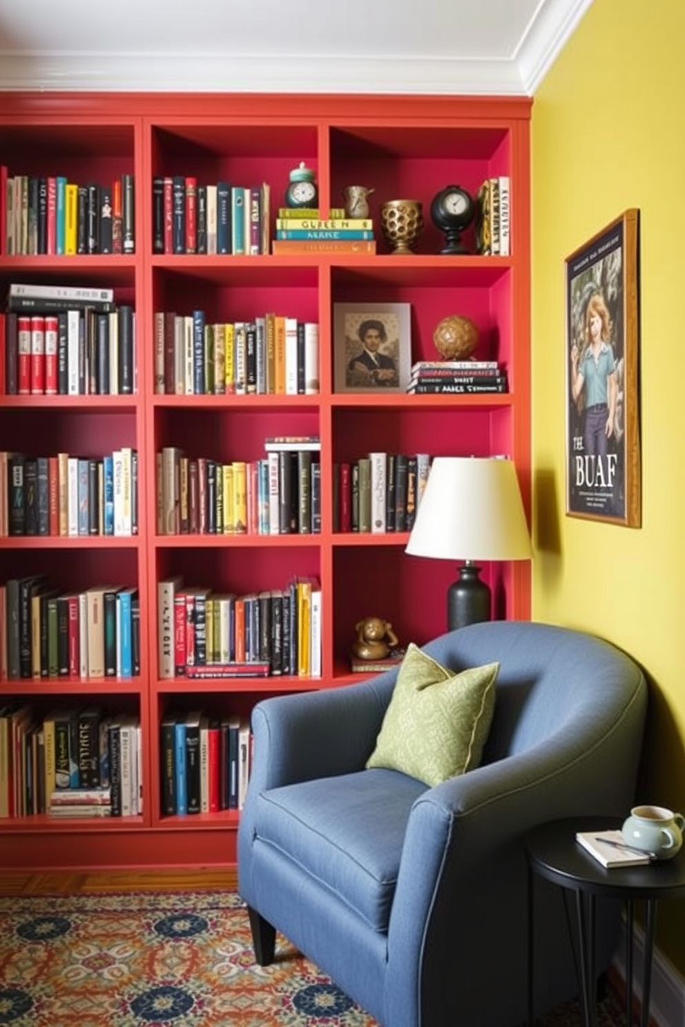 A cozy small home library features a colorful accent wall adorned with vibrant bookshelves filled with an array of books and decorative items. A comfortable reading nook is positioned nearby, complete with a plush armchair and a small side table for beverages.