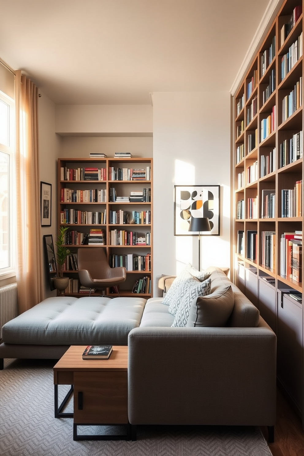 A stylish living room featuring multi-functional furniture designed for small spaces. A sleek sofa bed is positioned against the wall, complemented by a compact coffee table that doubles as storage. An inviting home library with a cozy reading nook. Floor-to-ceiling bookshelves line one wall, while a comfortable armchair is placed in the corner, bathed in warm natural light from a nearby window.