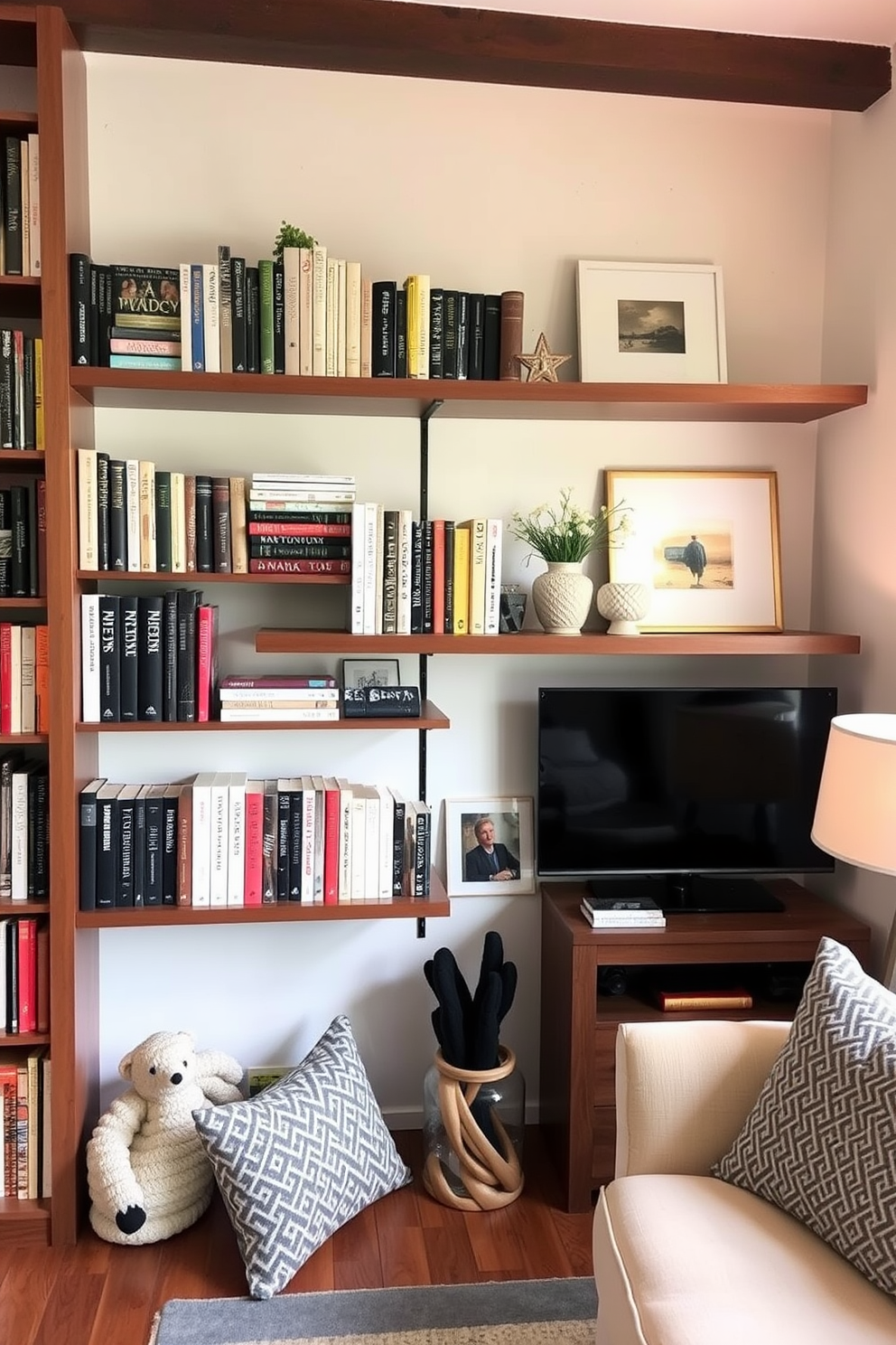 A cozy small home library featuring floating shelves that create a modern and open feel. The shelves are filled with a curated selection of books and decorative items, enhancing the inviting atmosphere of the space.