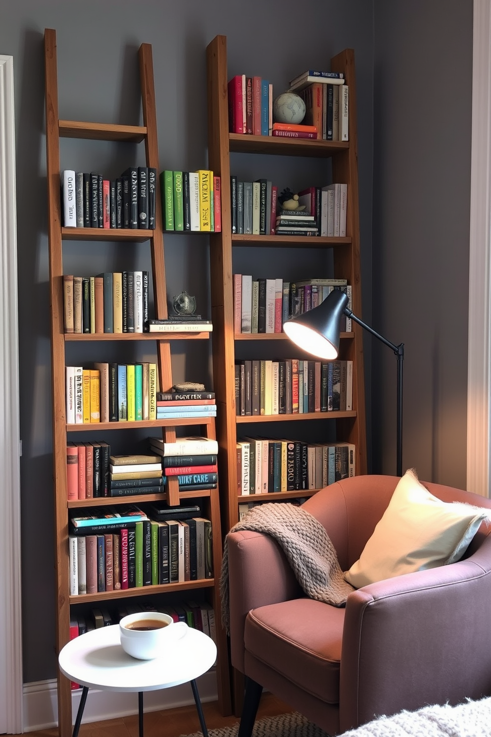 A chic ladder bookshelf made of reclaimed wood leans against the wall, showcasing an array of colorful books and decorative items. Soft ambient lighting from a nearby floor lamp creates a cozy reading nook, inviting you to explore the literary treasures within. The small home library features a plush armchair nestled in the corner, adorned with a knitted throw blanket. A sleek side table holds a steaming cup of tea, providing the perfect spot for relaxation and inspiration.