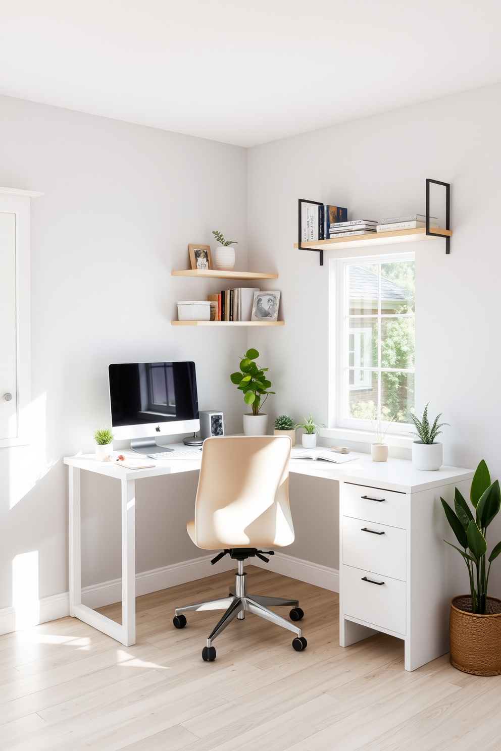 A bright and airy small home office features a white desk with sleek lines positioned near a large window that allows natural light to flood the space. Light gray walls complement the light wood flooring, creating a serene atmosphere ideal for productivity. A comfortable ergonomic chair in soft beige is paired with the desk, while a few potted plants add a touch of greenery to the decor. Shelves on the wall are adorned with neatly organized books and decorative items, enhancing both functionality and style.