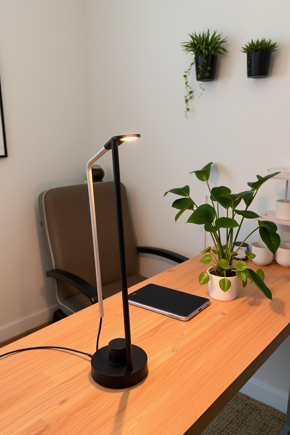 A stylish desk lamp with a sleek design and warm light sits on a minimalist wooden desk. The small home office features a cozy arrangement with a comfortable chair, light-colored walls, and a few decorative plants to enhance productivity.