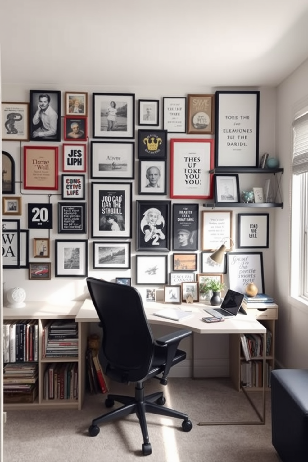 Create a gallery wall for inspiration. The wall features a mix of framed art pieces, photographs, and inspirational quotes in various sizes and styles, arranged in an eclectic yet harmonious manner. Small home office design ideas. The space includes a sleek desk with a comfortable ergonomic chair, surrounded by shelves filled with books and decorative items, all bathed in natural light from a nearby window.