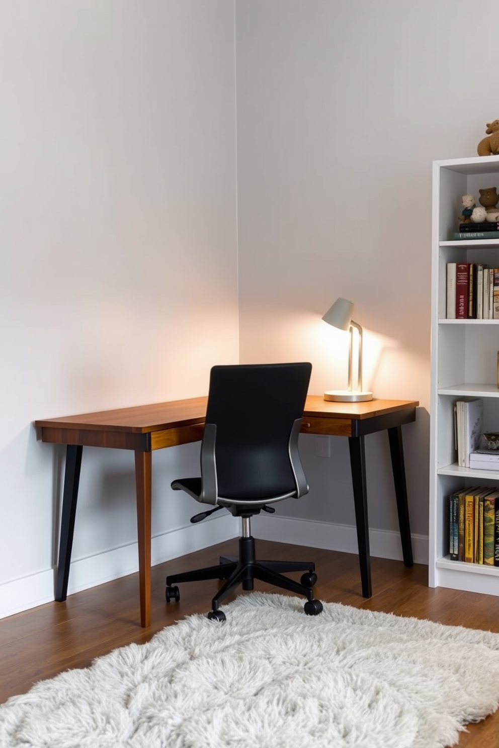 A cozy home office space features a sleek wooden desk positioned against a light gray wall. A comfortable ergonomic chair sits at the desk, complemented by a stylish desk lamp with a warm glow. On the floor, a plush area rug adds warmth and texture, creating an inviting atmosphere. A small bookshelf filled with books and decorative items stands in the corner, enhancing the room's functionality and charm.