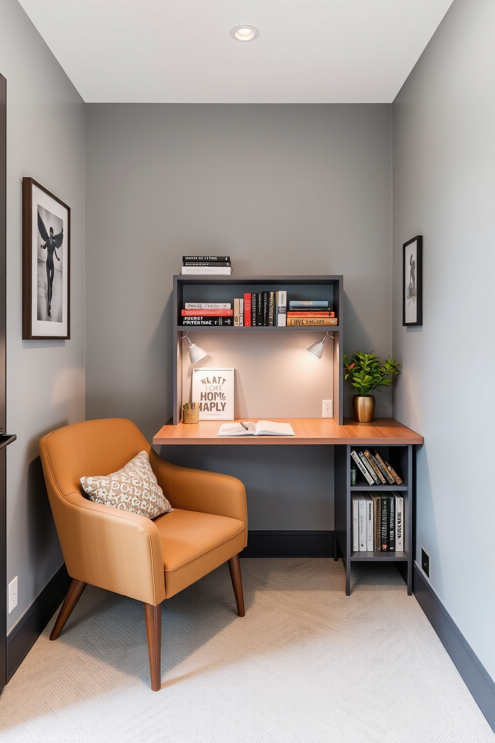 A small home office features a sleek foldable desk that can be easily tucked away when not in use. The walls are painted in a soft gray hue, complemented by a cozy armchair and a small bookshelf filled with inspiring books.