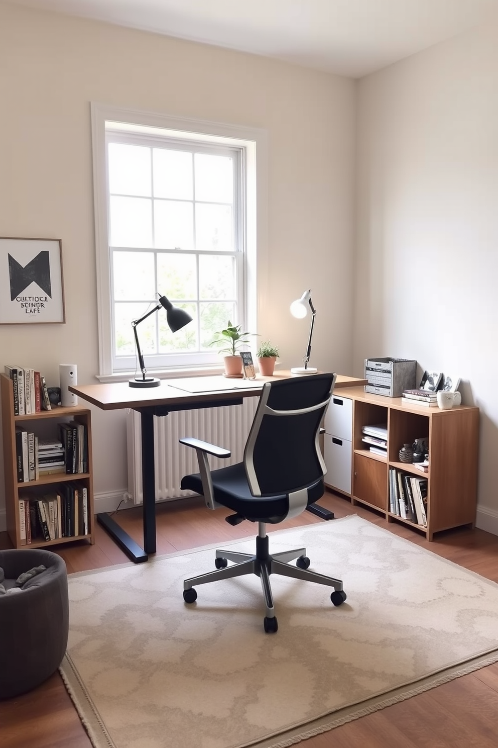 A cozy home office features a sleek ergonomic desk paired with an adjustable chair that promotes good posture. The walls are painted in a soft neutral tone, and a small bookshelf filled with design books adds a personal touch. Natural light floods the space through a large window, illuminating a stylish desk lamp and a potted plant on the desk. A comfortable area rug grounds the space, creating a warm and inviting atmosphere for productivity.