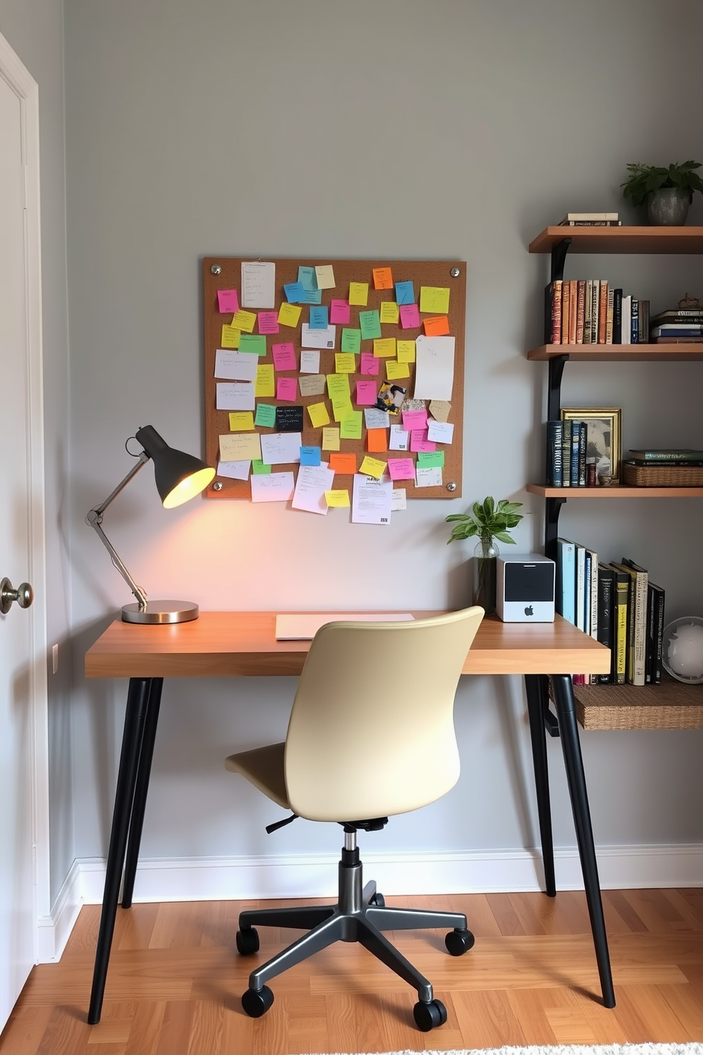 A cozy small home office featuring a soft area rug that adds warmth to the space. The desk is positioned near a window, allowing natural light to illuminate the room, while a comfortable chair complements the inviting atmosphere.