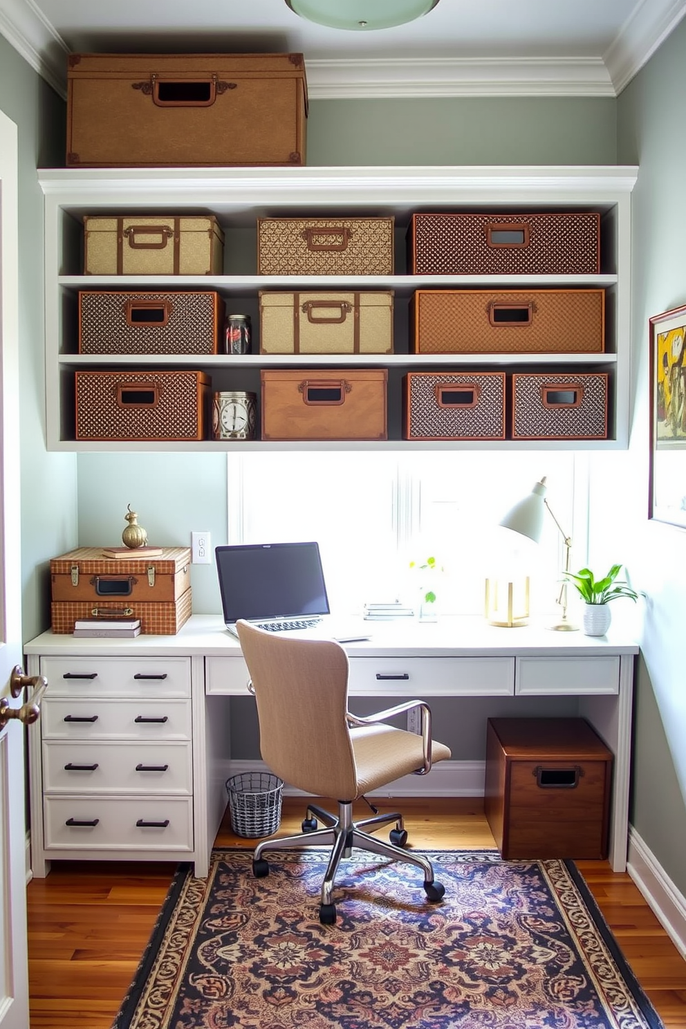 A sleek ergonomic chair designed for maximum comfort sits at a minimalist desk in a small home office. The walls are painted in a soft gray, and a large window allows natural light to flood the space, enhancing productivity. A small bookshelf filled with neatly arranged books and decorative items is placed against one wall. A potted plant adds a touch of greenery, creating a calming atmosphere in the compact workspace.