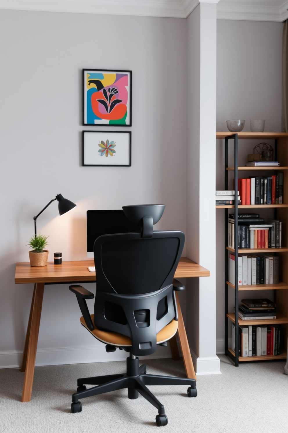 A cozy home office features a sleek wooden desk positioned near a window, allowing natural light to flood the space. Personal artwork adorns the walls, providing inspiration and motivation while creating a vibrant atmosphere. A comfortable ergonomic chair sits at the desk, complemented by a stylish bookshelf filled with curated books and decorative items. Soft, neutral tones on the walls and a plush area rug underfoot create a warm and inviting environment.