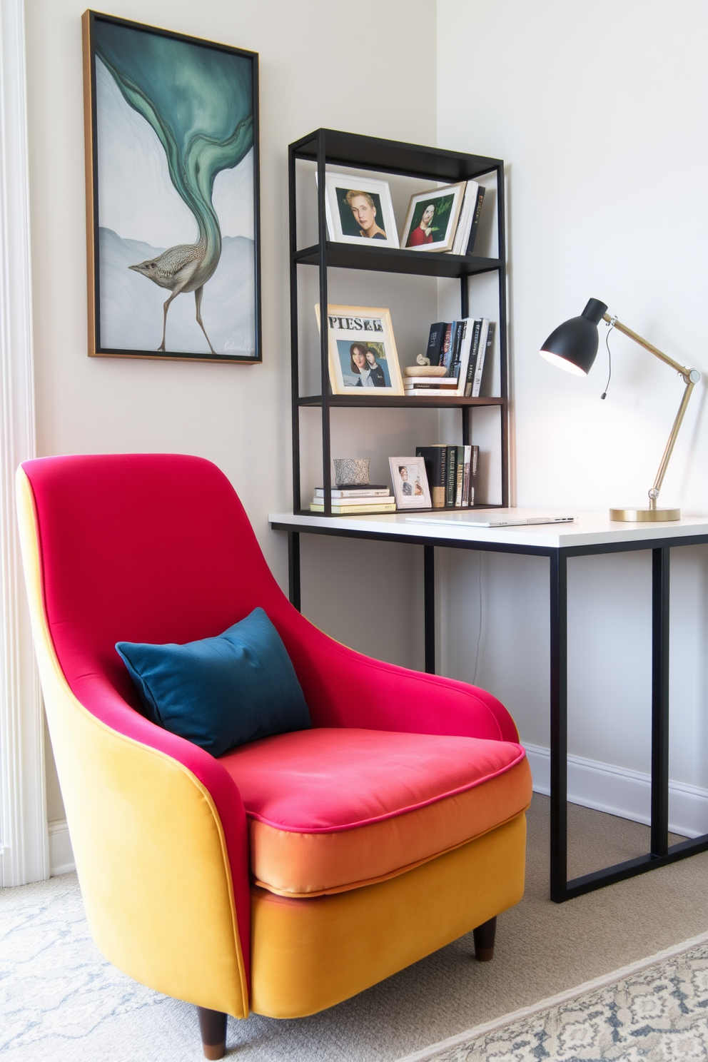 A stylish statement chair takes center stage in a small home office. It features a modern design with a bold color that complements the overall decor while providing comfort and support. The desk is sleek and minimalist, positioned against a wall painted in a soft neutral tone. A small bookshelf filled with curated decor items and books adds personality without overwhelming the space.