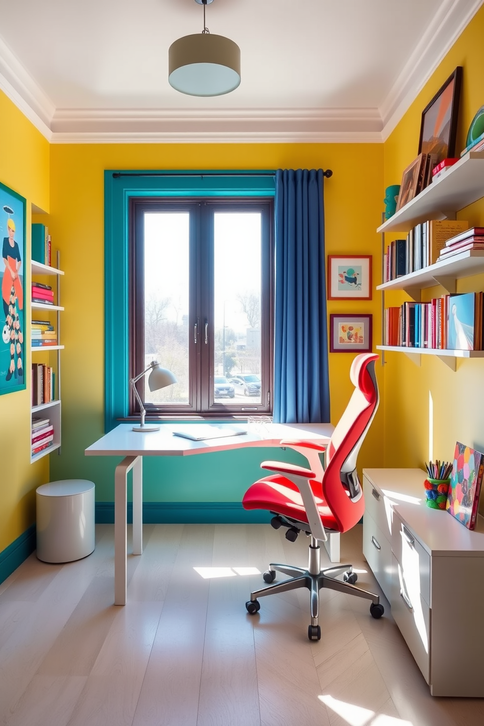 A cozy small home office features a stylish closet repurposed as a desk. The closet doors are open to reveal organized shelves and a sleek workspace with a comfortable chair. The walls are painted in a soft neutral tone, creating a calming atmosphere. A small potted plant sits on the desk, adding a touch of greenery to the space.