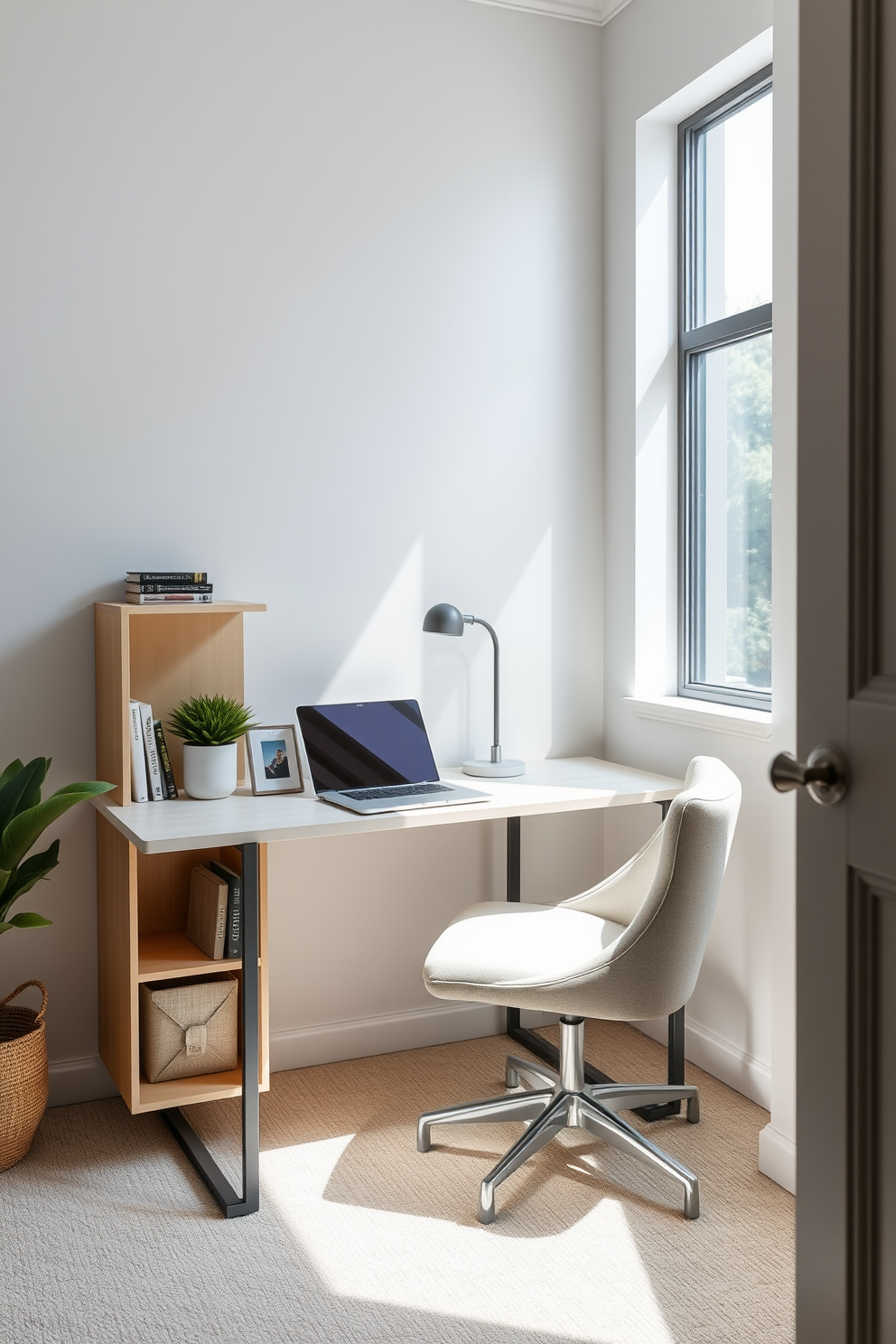 A small home office design featuring vertical shelves that maximize storage and organization. The walls are painted in a soft gray tone, and the shelves are adorned with books, plants, and decorative items to create a personalized workspace.