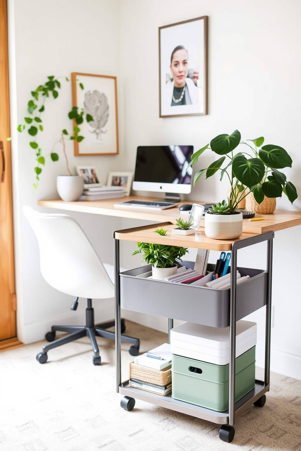 A small home office with a sleek rolling cart for mobile storage. The cart is filled with organized supplies and plants, complementing a minimalist desk positioned near a window.