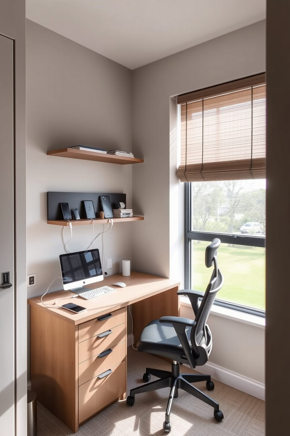 A modern small home office design featuring a sleek desk with built-in charging ports. The walls are painted in a soft gray, and a comfortable ergonomic chair complements the workspace. To the side, a stylish tech charging station is integrated into a floating shelf, keeping devices organized and easily accessible. Natural light floods the room through a large window adorned with minimalistic blinds.