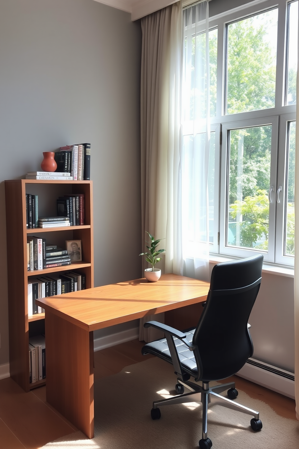 A cozy home office setting features a stylish ladder shelf filled with an array of colorful books and decorative items. A sleek desk with a comfortable chair is positioned near a window, allowing natural light to illuminate the workspace.