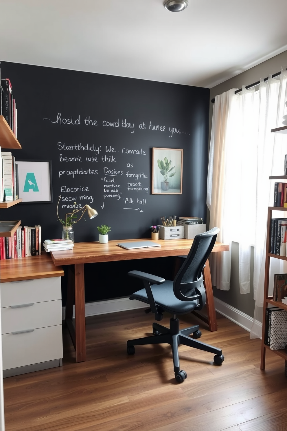 A cozy small home office features a chalkboard wall that encourages creativity and brainstorming. The desk is made of reclaimed wood and is paired with a comfortable ergonomic chair, creating an inviting workspace. Natural light floods the room through a large window adorned with sheer curtains. Shelves filled with books and decorative items line the walls, adding personality and warmth to the space.