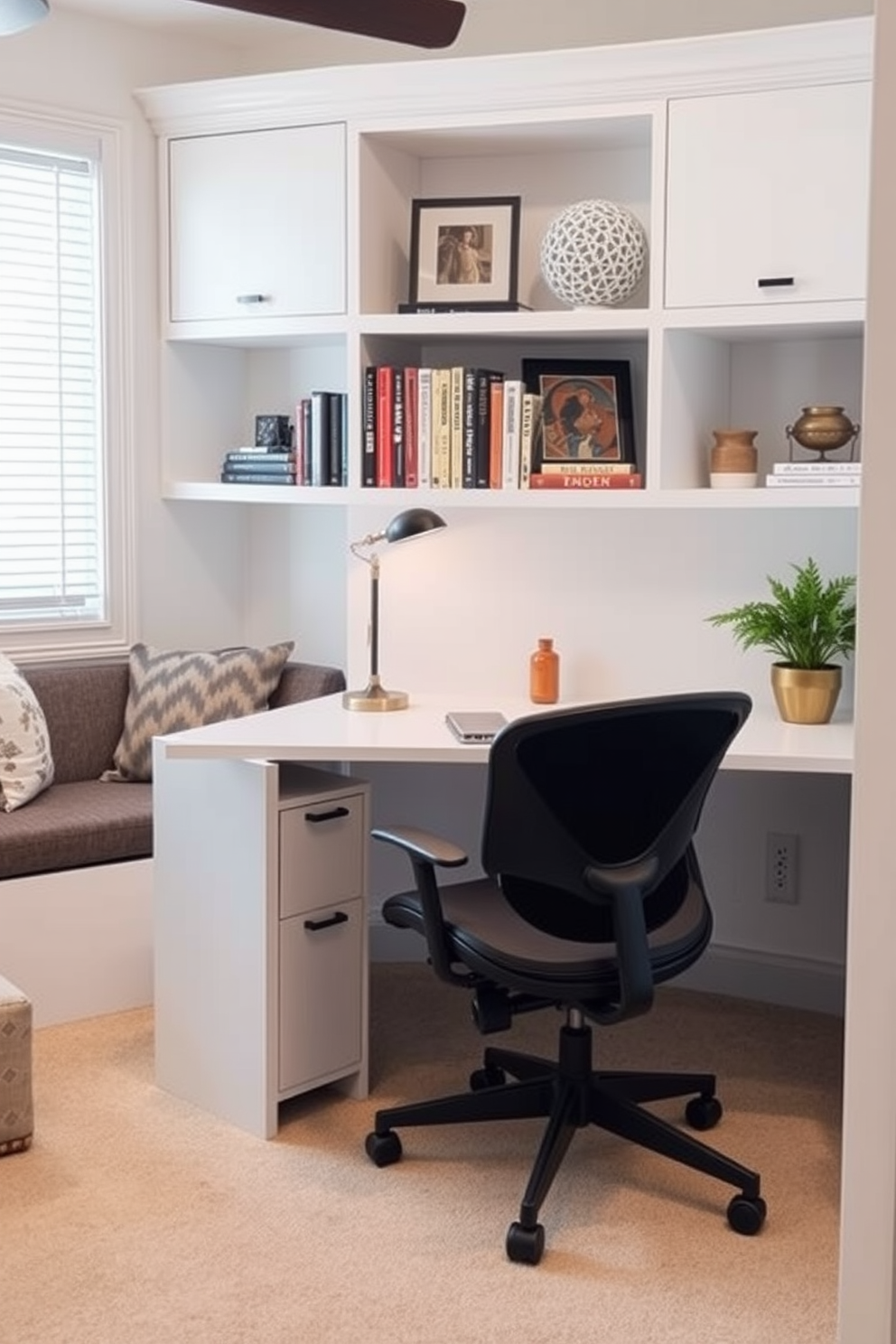 A cozy small home office featuring a corkboard mounted on the wall for reminders and notes. The desk is made of light wood with a sleek design and is positioned near a window that allows natural light to fill the space. A comfortable chair with a modern aesthetic is placed at the desk, providing an inviting workspace. Shelves above the desk hold books and decorative items, while a small potted plant adds a touch of greenery to the environment.