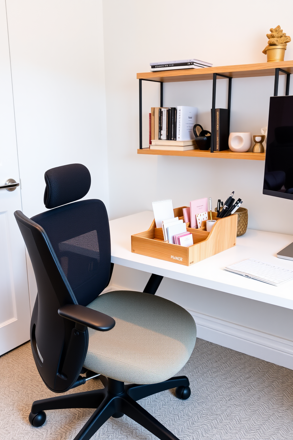 A stylish desk organizer made of natural wood with compartments for pens, papers, and office supplies sits on a sleek white desk. The small home office features a minimalist design with a comfortable ergonomic chair and a wall-mounted shelf displaying books and decorative items.