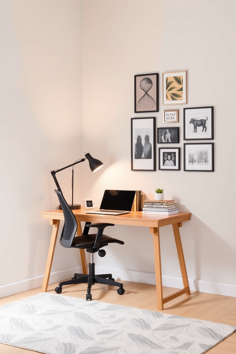 A modern small home office featuring a sleek desk made of reclaimed wood paired with an ergonomic chair in a soft gray fabric. The walls are painted in a calming light blue, complemented by floating shelves adorned with books and decorative items. Natural light floods the space through a large window, dressed with sheer white curtains that add an airy feel. A stylish area rug in muted tones anchors the room, while a potted plant in the corner brings a touch of greenery to the design.