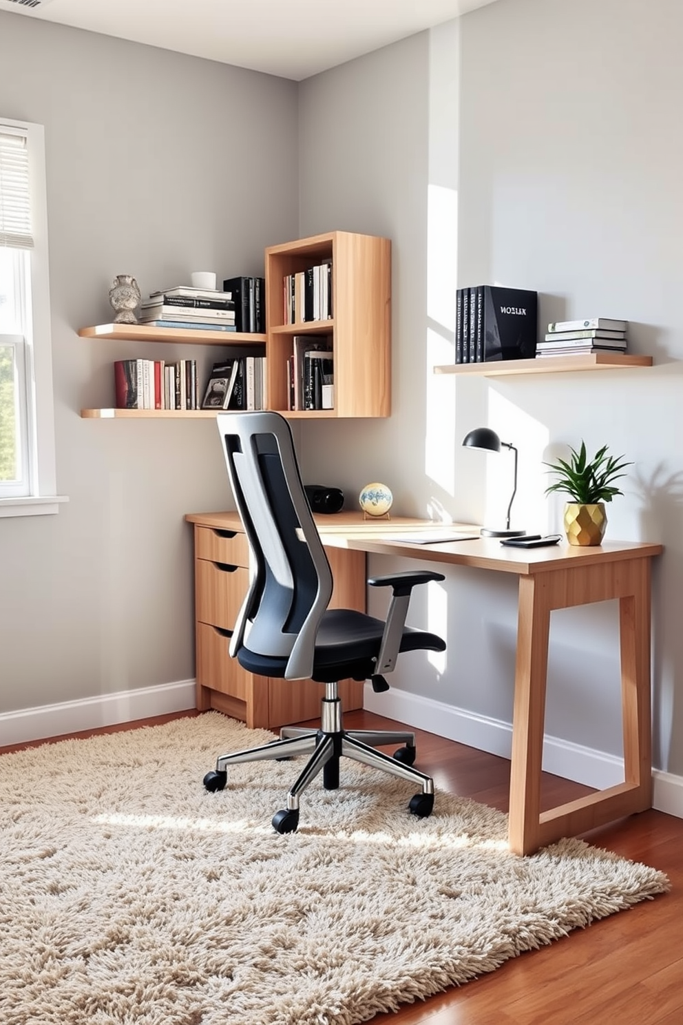 A defined workspace is created with a plush area rug that adds warmth and comfort to the room. The desk is made of light wood and is paired with a sleek ergonomic chair, providing both style and functionality. Natural light streams in from a nearby window, illuminating the workspace and enhancing productivity. Shelving units on the walls display books and decorative items, adding personality to the small home office.