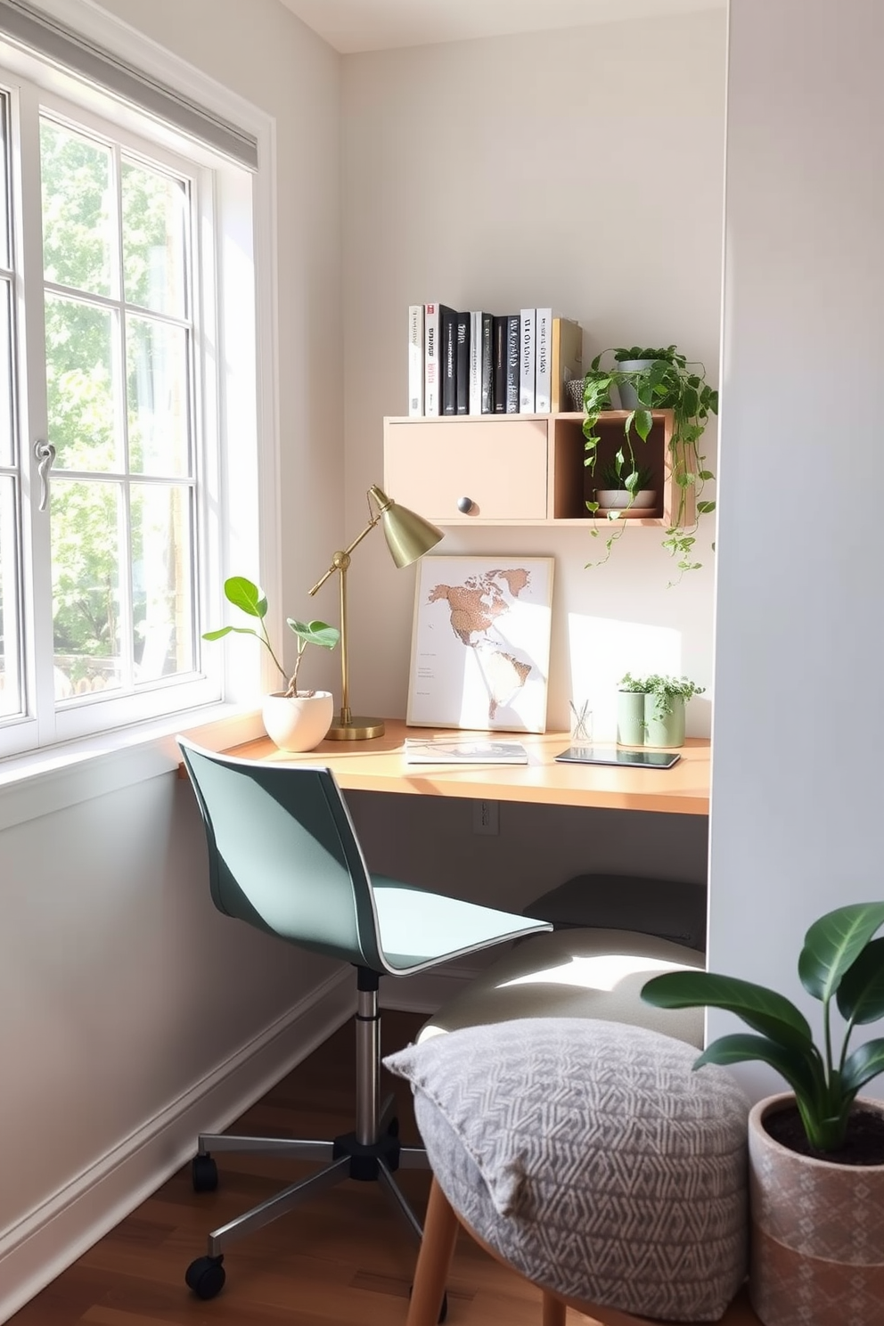 A cozy small home office features floating shelves mounted on the walls, showcasing neatly arranged books and decorative items. A stylish desk sits below the shelves, paired with a comfortable chair and a warm desk lamp to create an inviting workspace.