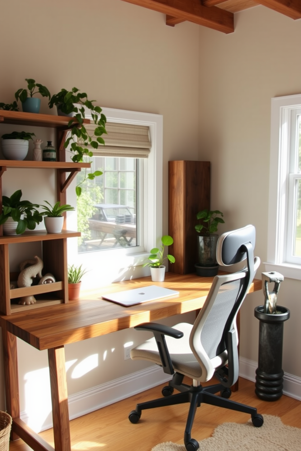 A cozy home office with a small water feature that adds tranquility to the space. The desk is made of reclaimed wood and is positioned near a window, allowing natural light to flood in. Soft green plants are placed on the desk and shelves, enhancing the calming atmosphere. A comfortable ergonomic chair complements the rustic desk, while a small fountain sits in the corner, providing a soothing sound of flowing water.