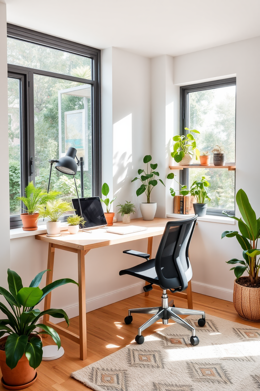 A cozy small home office with a minimalist desk made of light wood positioned against a wall. Large windows allow natural light to flood the space, and several potted plants are placed on the windowsill and around the room for a fresh and vibrant atmosphere. The walls are painted in a soft white, creating an airy feel, while a comfortable ergonomic chair complements the desk. A small bookshelf filled with books and decorative items adds personality, and a stylish rug anchors the space, enhancing the overall warmth and comfort.