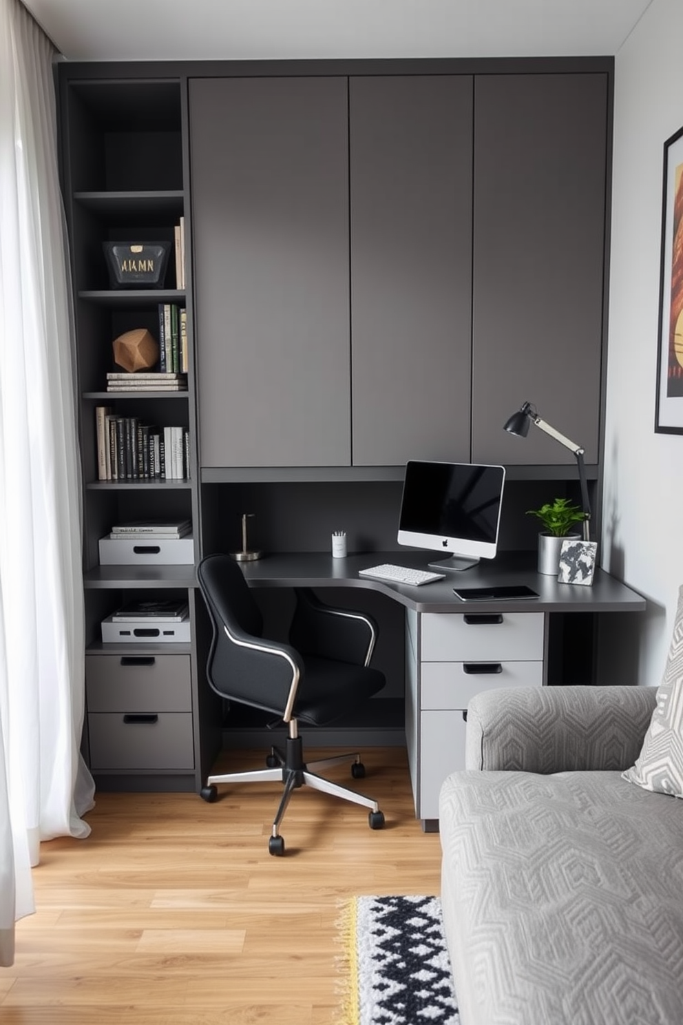 A modern small home office design featuring a sleek wall-mounted desk that maximizes space efficiency. The desk is adorned with minimalistic decor and a stylish desk lamp, complemented by a comfortable ergonomic chair.