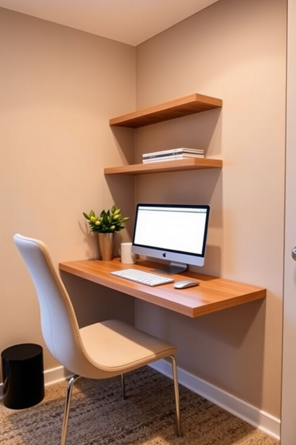 A wall-mounted desk is elegantly designed to save floor space in a small home office. The desk features a sleek finish and is complemented by floating shelves above, creating a functional yet stylish workspace.