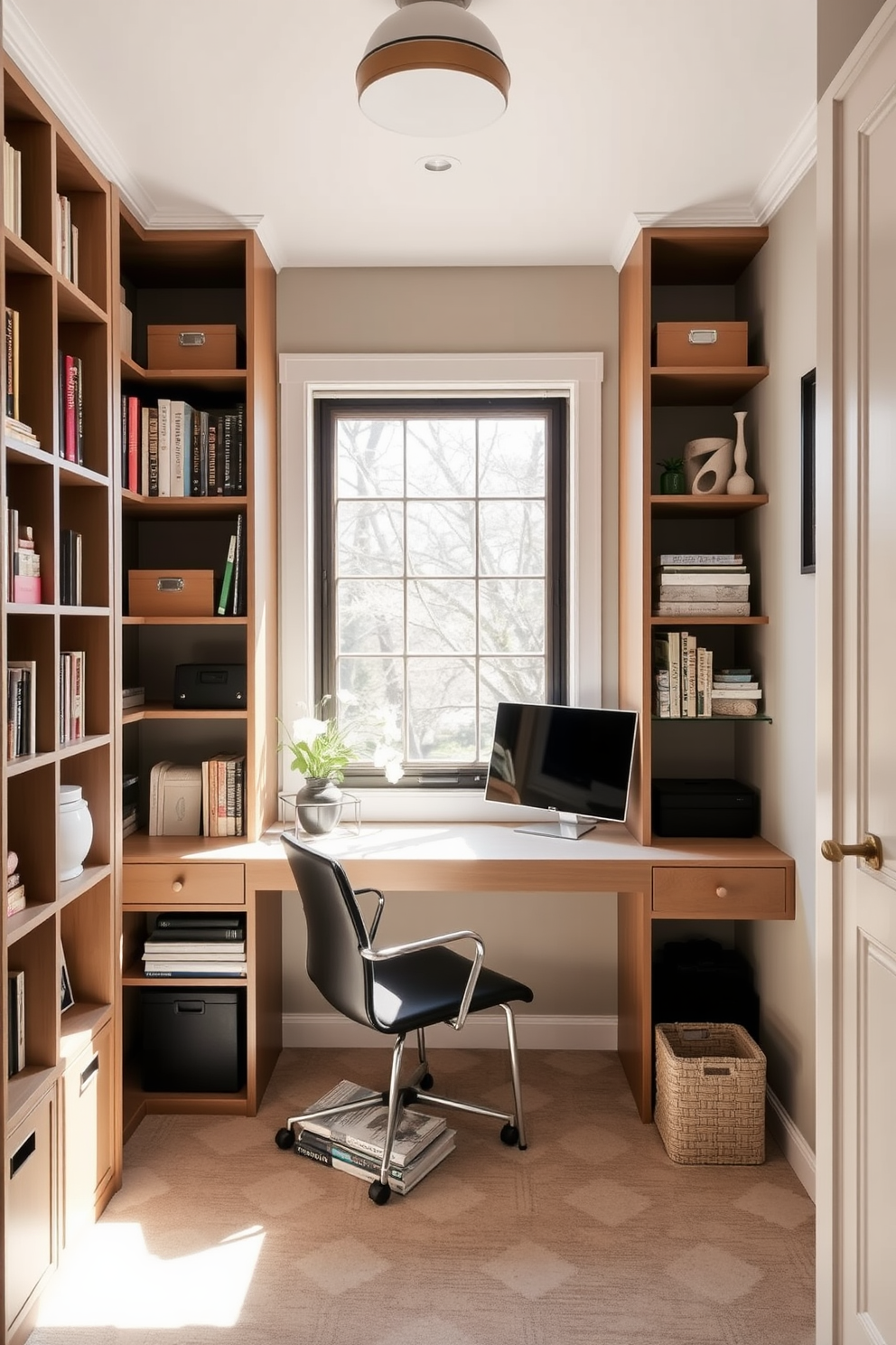 A cozy small home office features vertical storage solutions that maximize space and maintain organization. Shelves line the walls filled with books and decorative boxes, while a sleek desk sits beneath a window, allowing natural light to illuminate the workspace.