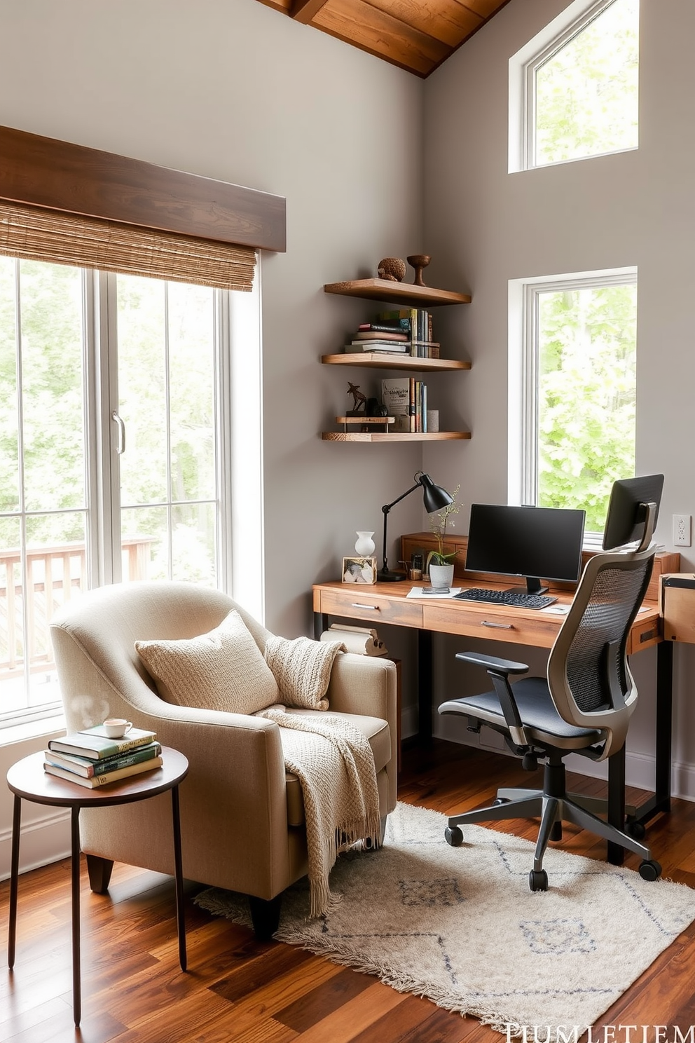 A cozy reading nook features a plush armchair in a soft fabric, positioned next to a large window that allows natural light to flood the space. A small side table holds a stack of books and a steaming cup of tea, while a warm throw blanket drapes over the armchair for added comfort. The small home office design incorporates a sleek desk made of reclaimed wood, paired with an ergonomic chair that promotes good posture. Shelves above the desk display neatly organized books and decorative items, while a soft area rug adds warmth to the hardwood floor.