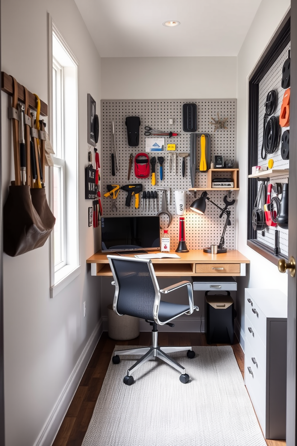 A small home office designed with functionality in mind. The walls are lined with a pegboard for organization, showcasing neatly arranged tools and supplies. A sleek desk with a comfortable chair is positioned against the wall, complemented by a stylish lamp for focused lighting. Natural light filters in through a nearby window, enhancing the cozy atmosphere of the workspace.