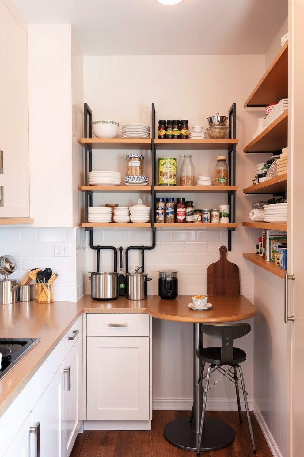 A small kitchen design featuring vertical storage solutions with open shelves that extend from floor to ceiling. The shelves are filled with neatly arranged dishes, jars, and cookbooks, creating an organized yet inviting atmosphere. The cabinetry is painted in a soft white hue, complementing the warm wood tones of the shelves. A compact dining table with stylish chairs is positioned near a window, enhancing the space with natural light.