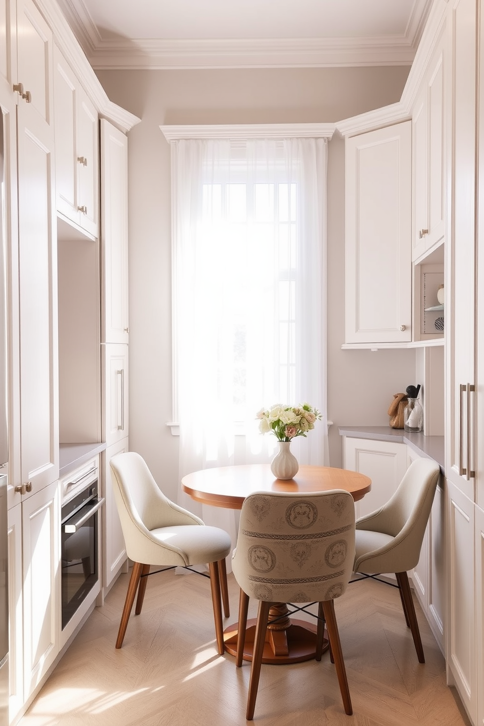 A small kitchen design featuring corner cabinets for extra storage. The cabinets are painted in a soft white finish, complementing the light grey countertops and backsplash. A compact dining area is integrated into the kitchen with a round wooden table and four upholstered chairs. Natural light floods the space through a window adorned with sheer white curtains.