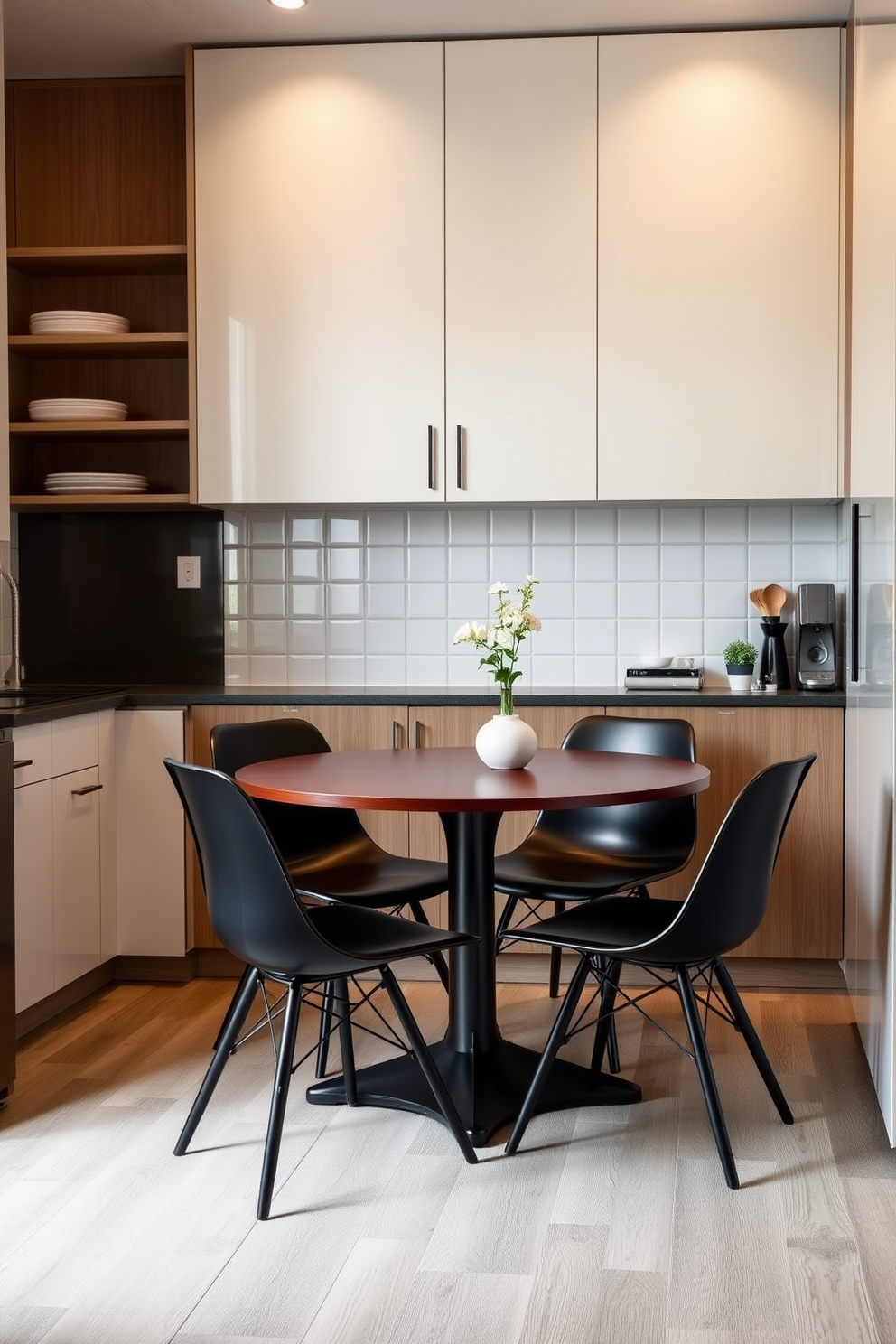 A compact kitchen featuring a round table that maximizes space efficiency. The table is surrounded by sleek, modern chairs, and the walls are adorned with light-colored cabinetry and open shelving for added storage.