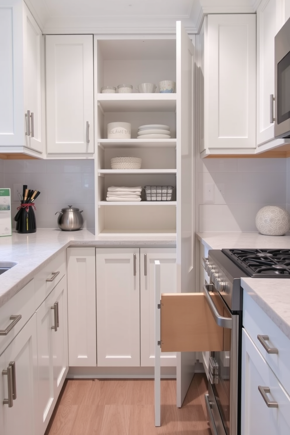 A small kitchen design featuring glass cabinet doors that create an open and airy feel. The cabinetry is painted in a soft white, complemented by a sleek marble backsplash and stainless steel appliances. A compact island with barstool seating is positioned at the center, enhancing functionality and social interaction. Warm pendant lights hang above the island, providing a cozy ambiance in the space.