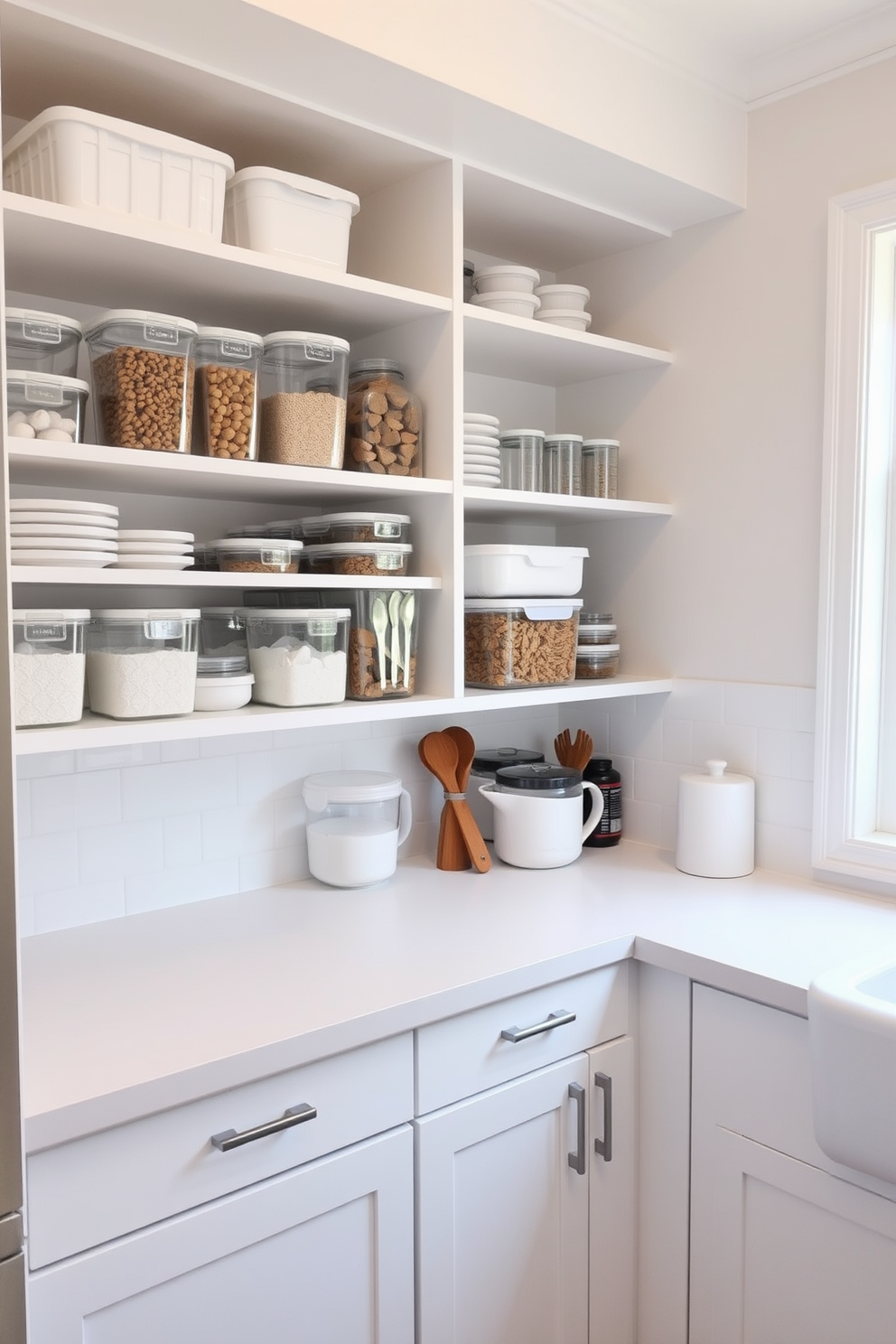 A small kitchen design featuring clear storage containers arranged neatly on open shelves for easy visibility. The countertops are clutter-free, showcasing a minimalist aesthetic with a subtle color palette of soft whites and light grays.