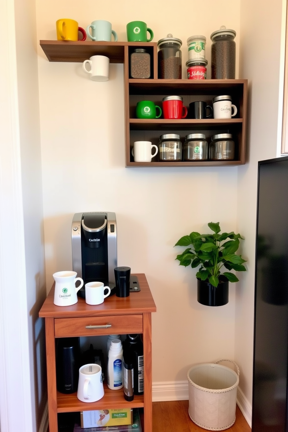 Create a cozy coffee station in a corner of a small kitchen. The station features a compact wooden cart with a built-in shelf for coffee supplies and a sleek espresso machine on top. Above the cart, a set of open shelves displays colorful mugs and coffee beans in glass jars. The walls are painted a warm white, and a small potted plant adds a touch of greenery to the space.