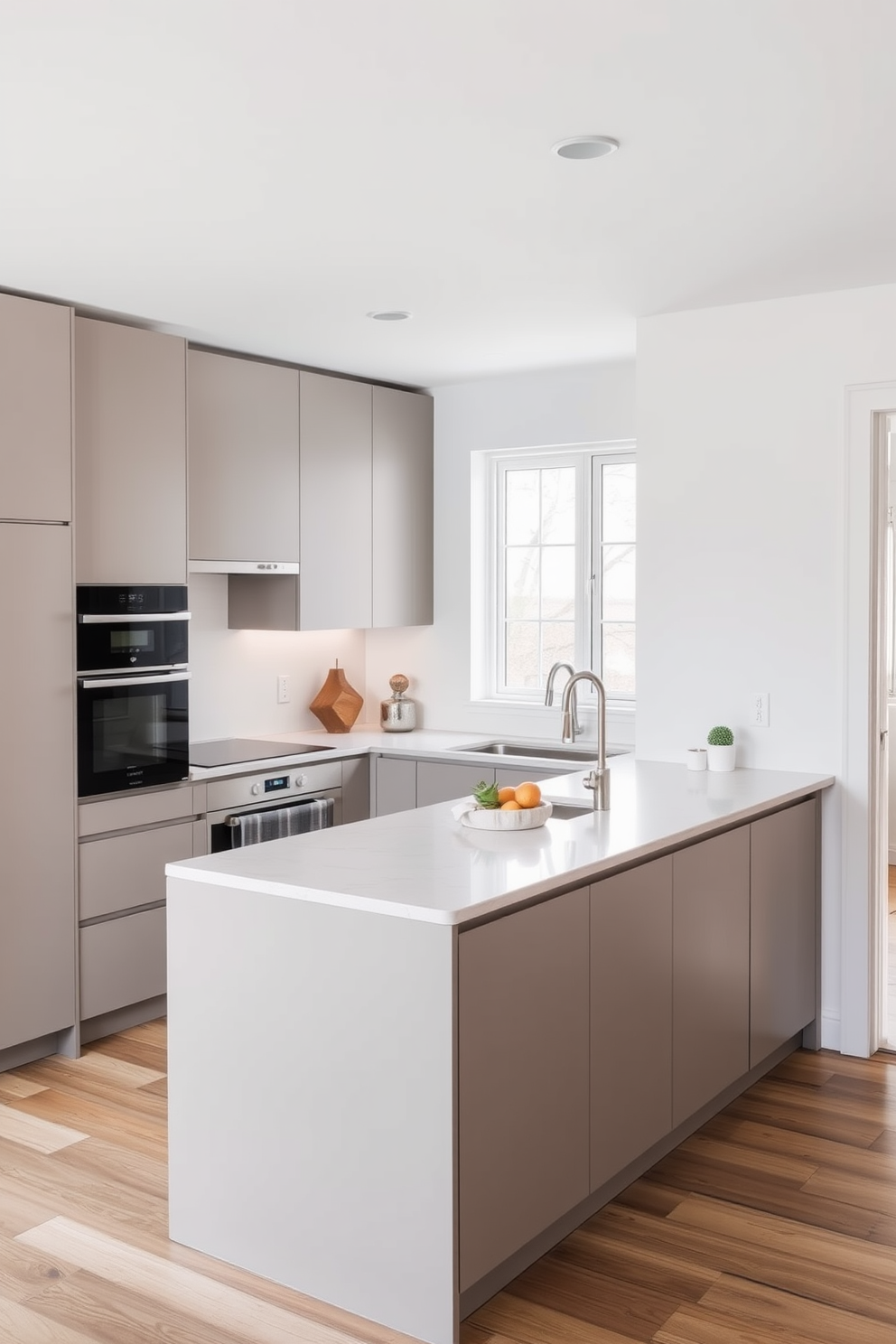 A narrow island is designed for prep space in a small kitchen featuring sleek cabinetry and a light color palette. The island is topped with a durable quartz surface, providing ample space for food preparation while maintaining an open and airy feel.