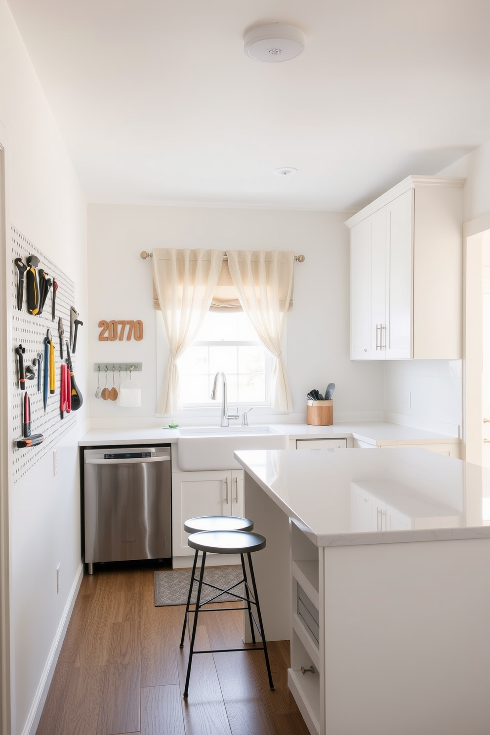 A small kitchen design featuring a functional pegboard for tool storage is showcased on one wall, providing an organized and efficient workspace. The cabinetry is painted in a soft white hue, complemented by a sleek countertop made of polished quartz, enhancing the overall brightness of the space. The kitchen island serves as a multi-functional area for meal preparation and casual dining, with bar stools positioned alongside it. Natural light floods the room through a window above the sink, adorned with simple yet elegant curtains that add a touch of warmth.