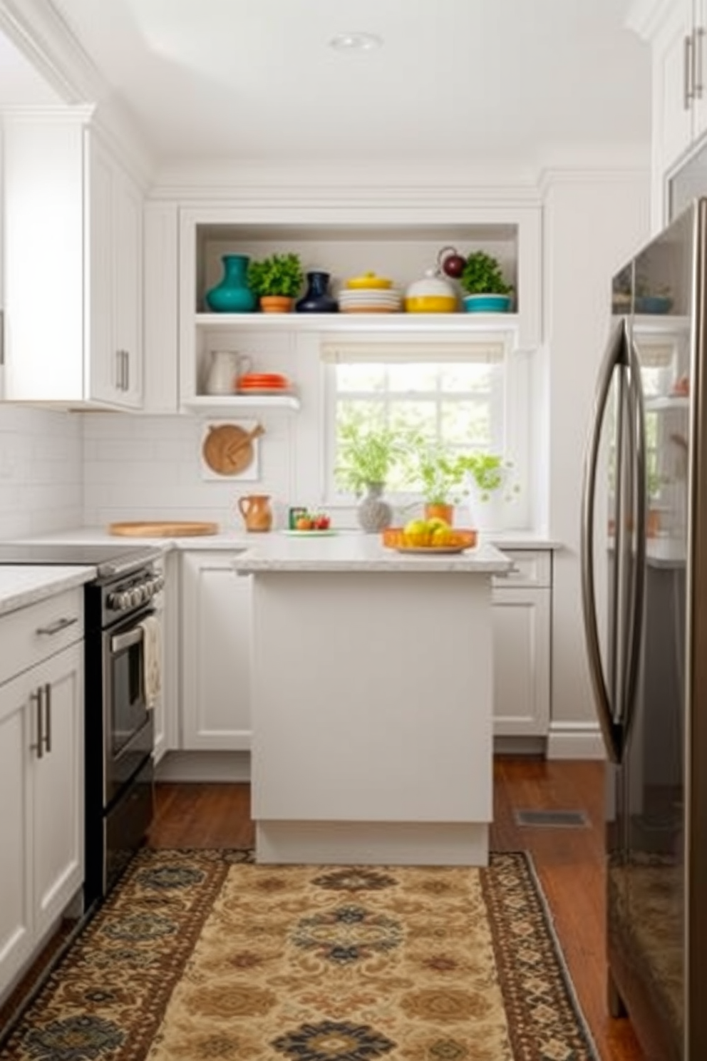 A cozy small kitchen design featuring a bright and airy atmosphere. The space includes white cabinetry with sleek handles and a compact island topped with light-colored quartz. A patterned area rug defines the cooking zone, adding warmth and texture to the floor. The kitchen is accented with open shelving displaying colorful dishware and a small herb garden near the window.