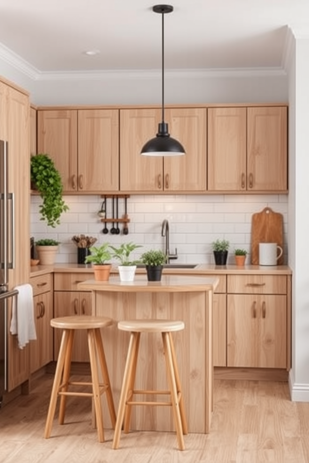 A cozy small kitchen design featuring light wood cabinetry and white subway tile backsplash. A compact island with barstools provides additional seating, while potted herbs and small plants adorn the countertops for a touch of nature.