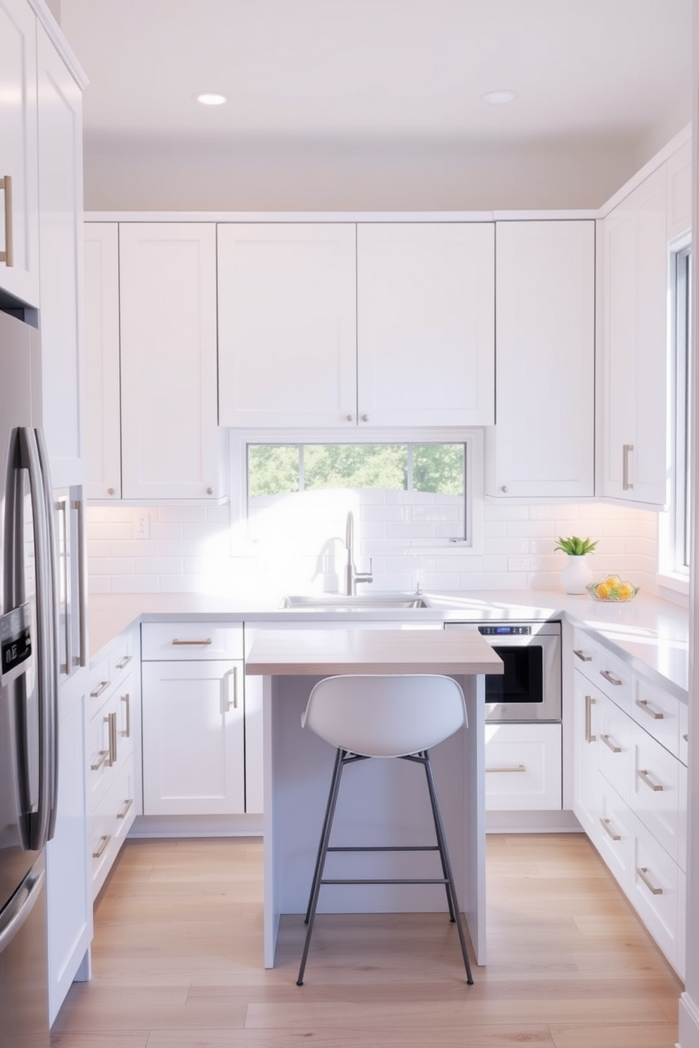 A small kitchen design featuring light colors to create an open and airy feel. The cabinets are a soft white with sleek handles and the countertops are a light gray quartz, enhancing the sense of space. A compact island in the center is topped with a light wood finish, providing additional seating with two modern bar stools. The backsplash is a subtle subway tile in a pale hue, complemented by natural light streaming in through a large window.