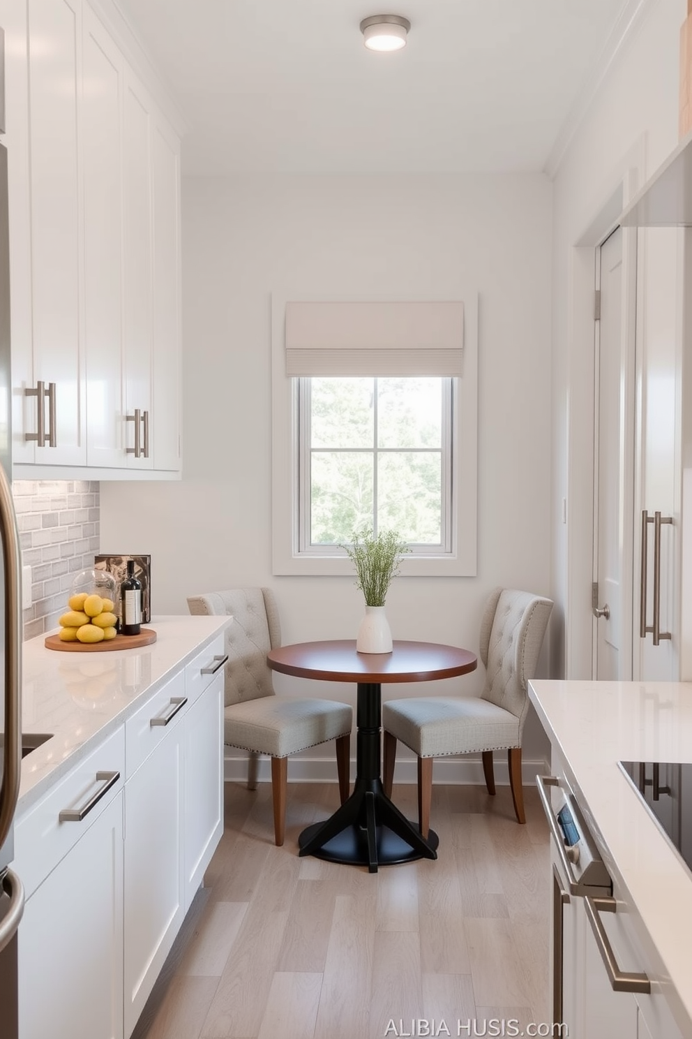 A small kitchen design featuring a cohesive color palette of soft whites and light grays. The cabinetry is sleek and modern with brushed nickel hardware, while the countertops are a polished white quartz that reflects light beautifully. The backsplash consists of subtle gray subway tiles that add texture without overwhelming the space. A small dining nook with a round wooden table and two upholstered chairs complements the overall aesthetic.