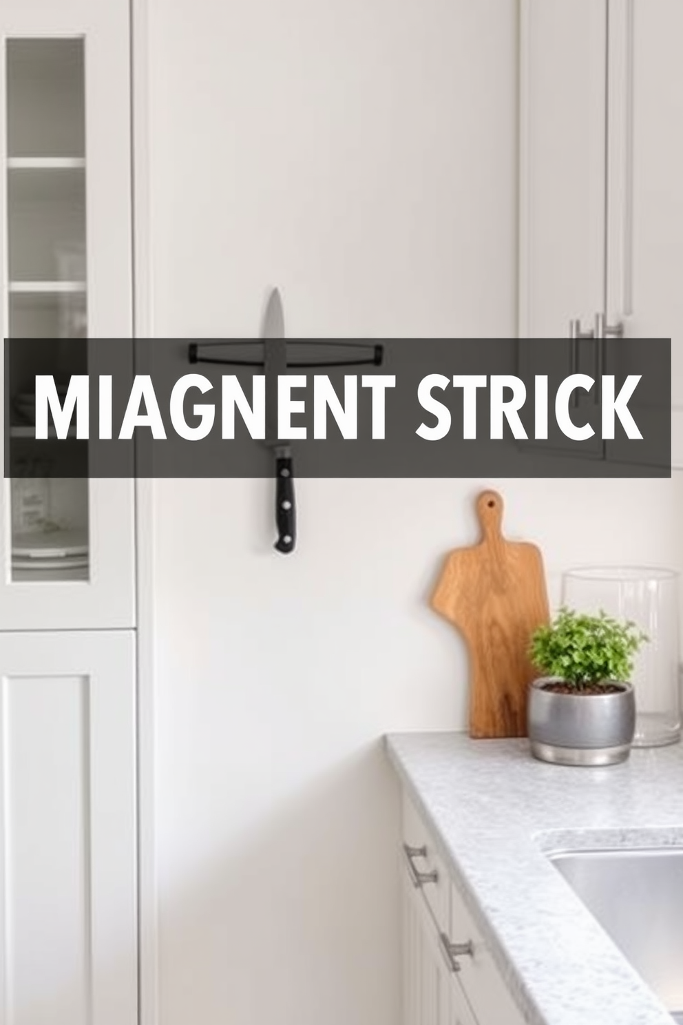 A cozy small kitchen design featuring a magnetic knife strip mounted on the wall for easy access and a sleek look. The cabinetry is a soft white with brushed nickel handles, and the countertops are a light gray quartz that complements the overall aesthetic.