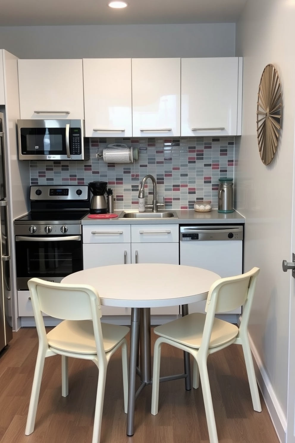 A cozy small kitchen with a chalkboard wall for notes. The cabinetry is a mix of white and natural wood, complemented by stainless steel appliances and a farmhouse sink.