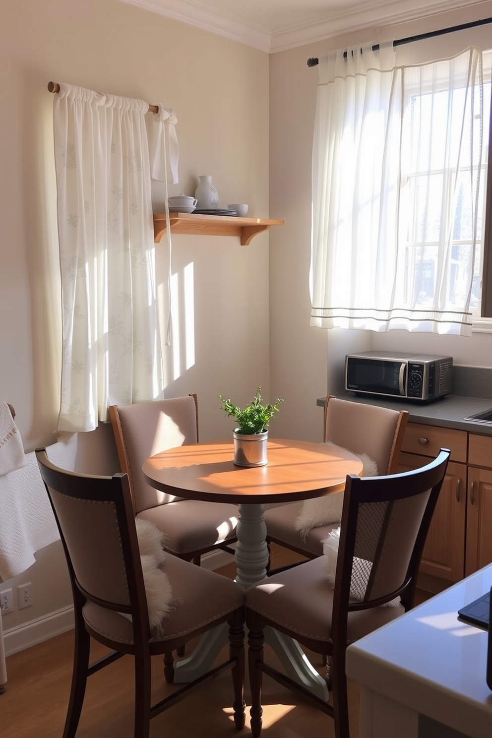 A cozy breakfast nook with a round wooden table surrounded by upholstered chairs. Natural light streams in through a large window adorned with sheer curtains, illuminating the space. The walls are painted in a soft pastel color, complementing the light wood cabinetry of the small kitchen. A small shelf above the table holds decorative dishware and a potted herb plant, adding a touch of greenery.