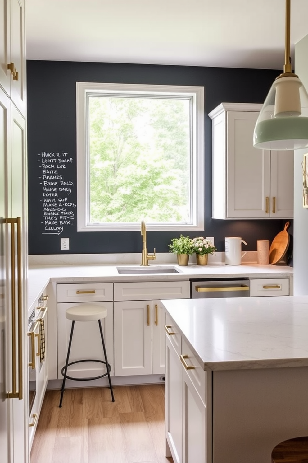 A cozy small kitchen design featuring a chalkboard wall for notes and reminders. The kitchen includes sleek cabinetry in a soft white finish with brass hardware, complemented by a compact island with bar stools for casual dining. Natural light floods the space through a large window above the sink, showcasing a view of lush greenery outside. The countertops are made of quartz in a light gray tone, providing a modern touch to the overall aesthetic.