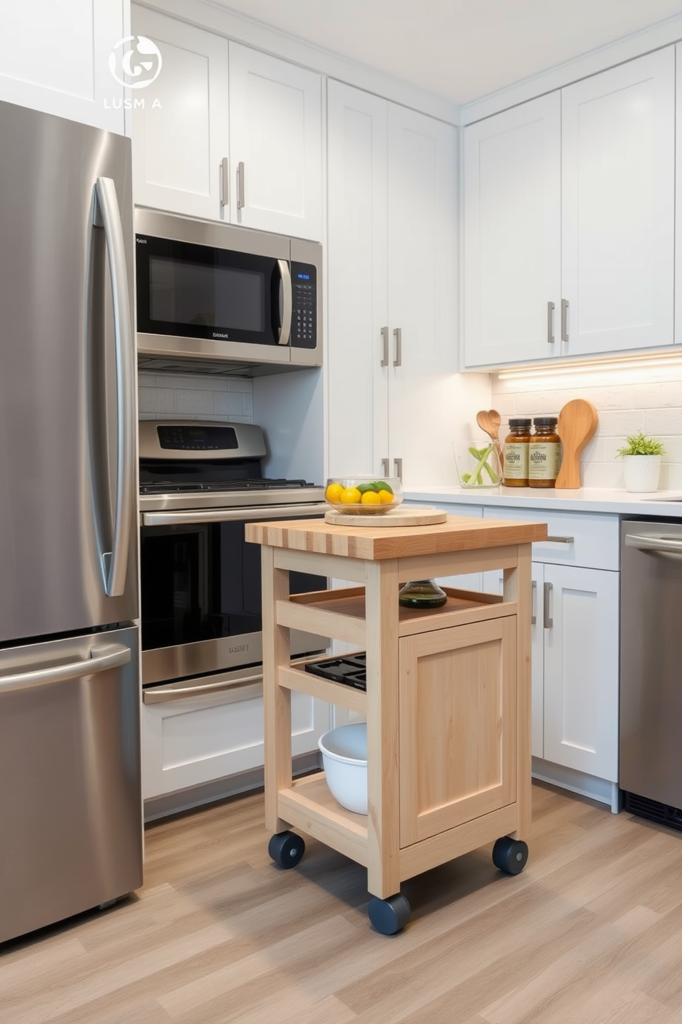 A small kitchen design featuring a rolling cart that serves as an extra workspace. The cart is made of light wood and has a butcher block top, surrounded by sleek white cabinetry and stainless steel appliances.