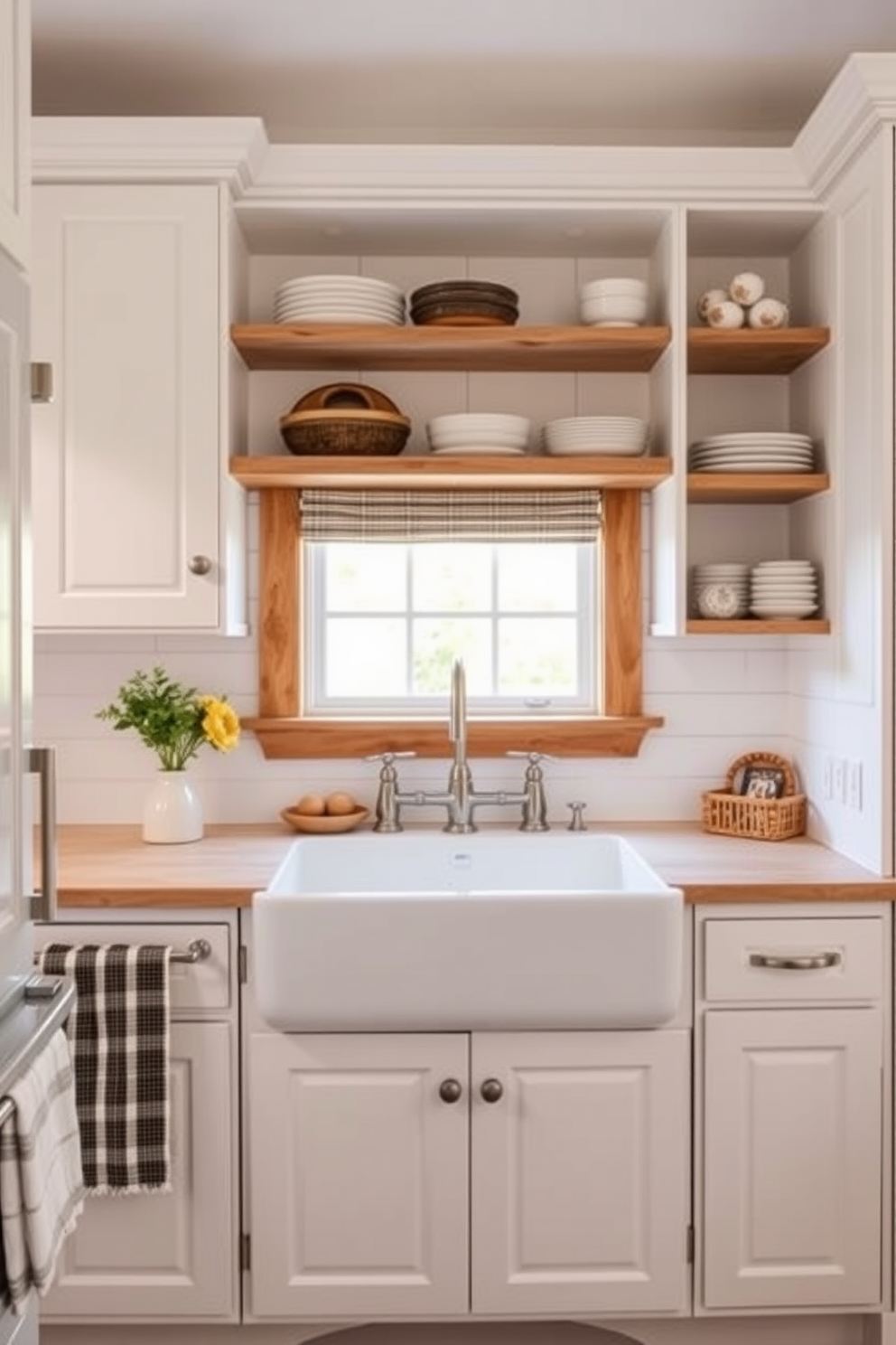 A charming small kitchen design featuring a farmhouse sink as the centerpiece. The cabinetry is painted in soft white, complemented by rustic wooden accents and open shelving displaying curated dishware.